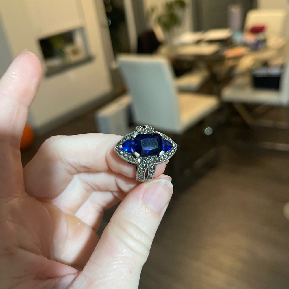 Vintage Sapphire Marcasite 925 Sterling Silver Ring PRETTY - Picture 3 of 9